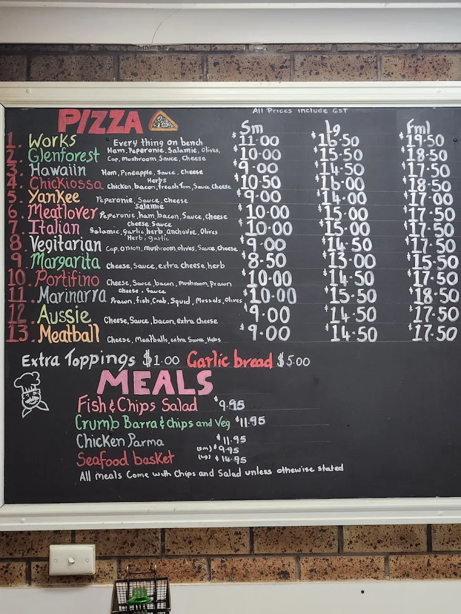 Menu, Glen Forrest Takeaway