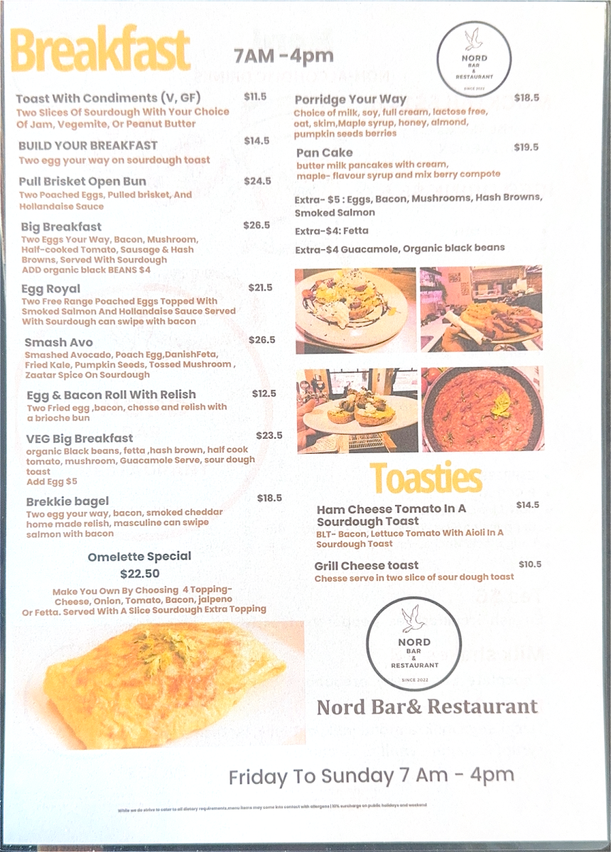 Menu, Nord Cafe Bar & Restaurant
