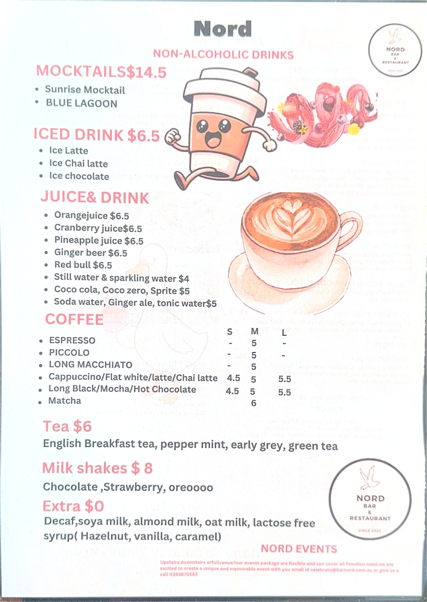 Menu, Nord Cafe Bar & Restaurant