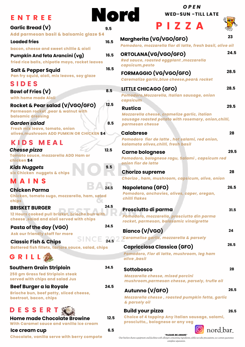 Menu, Nord Cafe Bar & Restaurant
