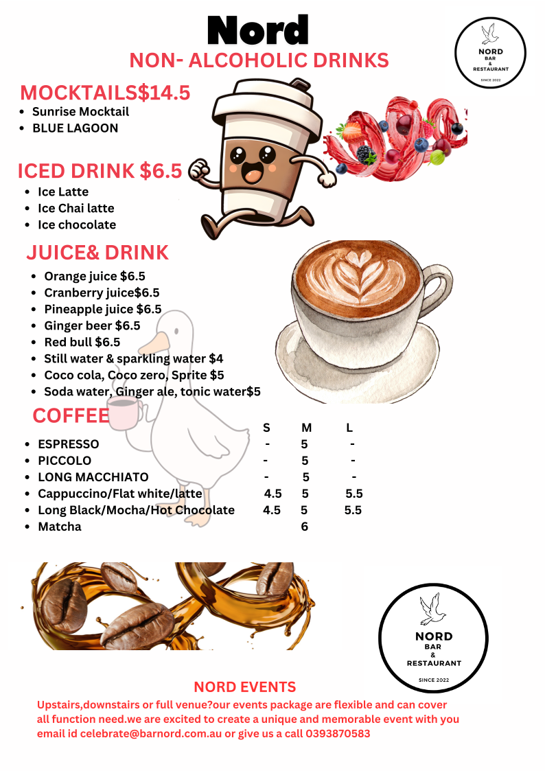 Menu, Nord Cafe Bar & Restaurant