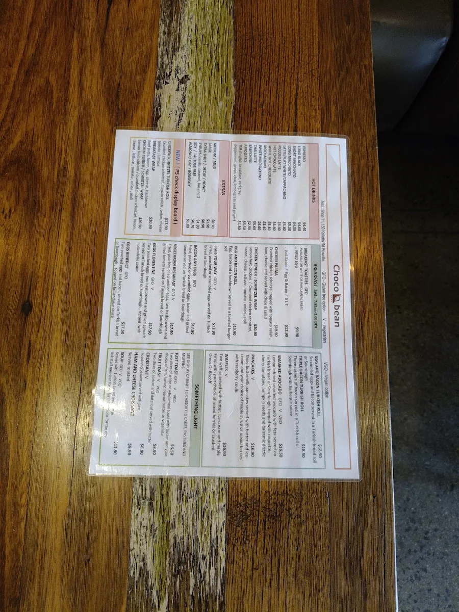 Menu, Choco Bean Cafe