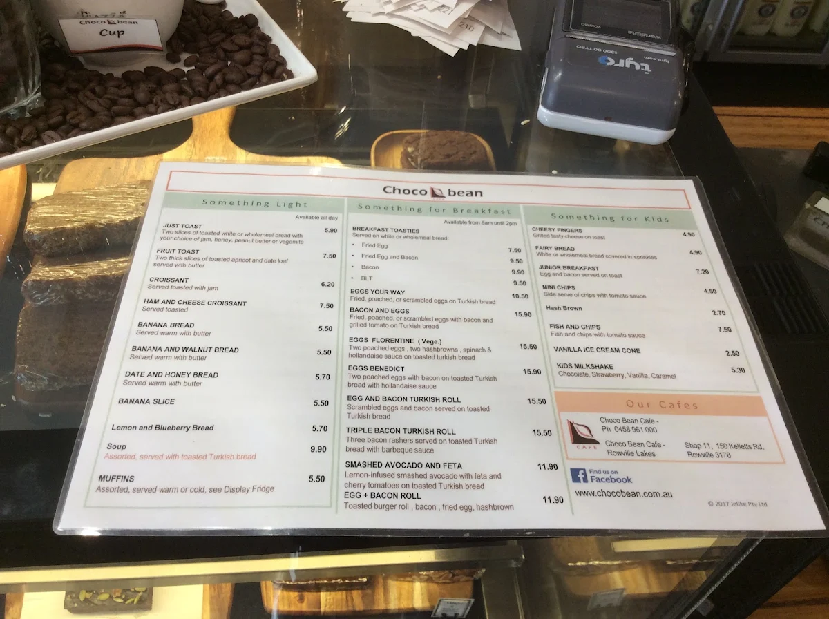 Menu, Choco Bean Cafe