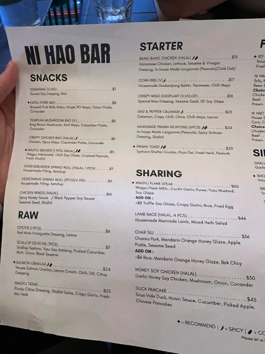 Menu, Ni Hao Bar & Dining