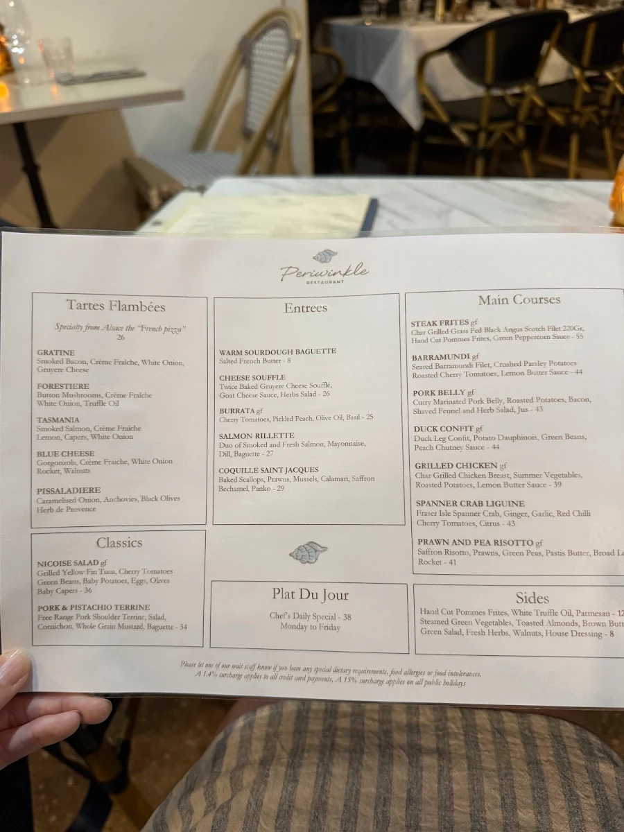Menu, Periwinkle restaurant