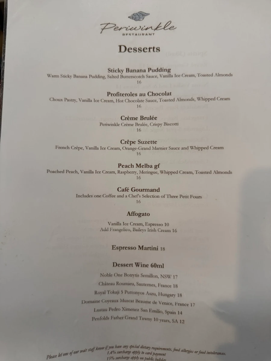 Menu, Periwinkle restaurant