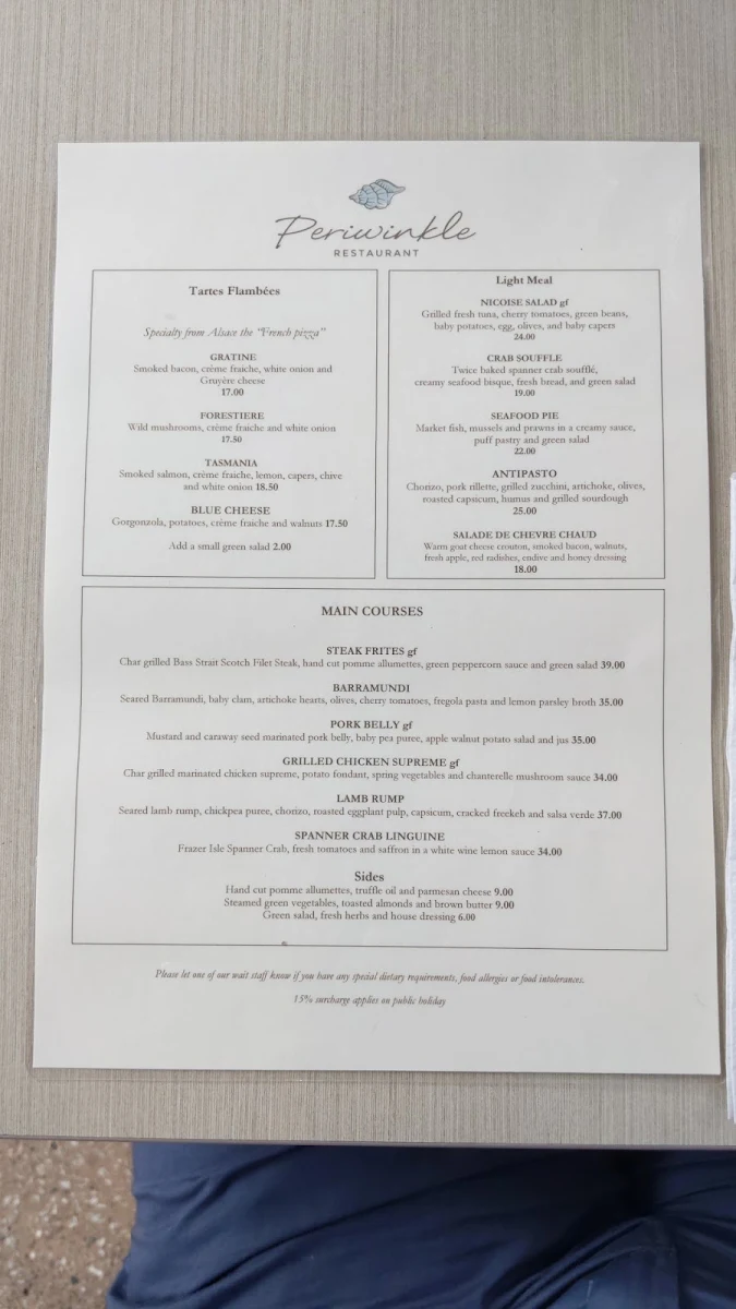 Menu, Periwinkle restaurant