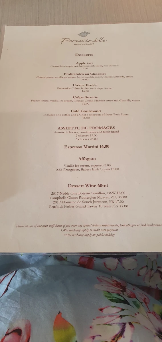 Menu, Periwinkle restaurant