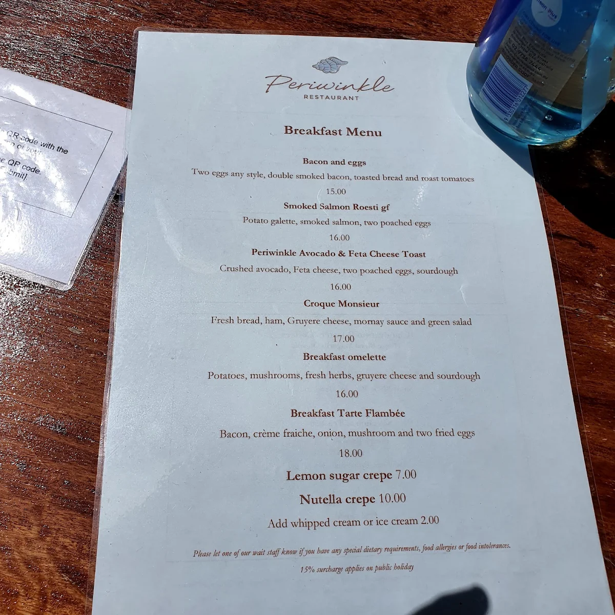 Menu, Periwinkle restaurant