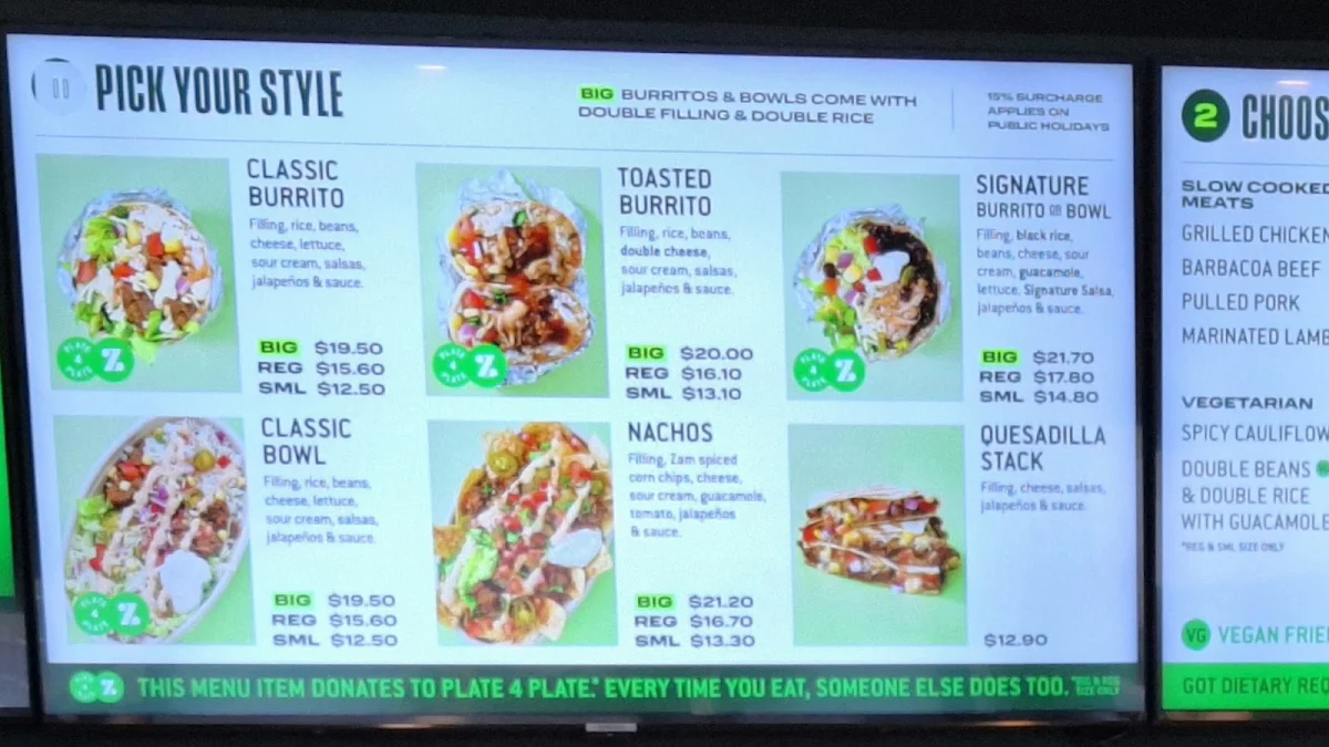 Menu, Zambrero Albany