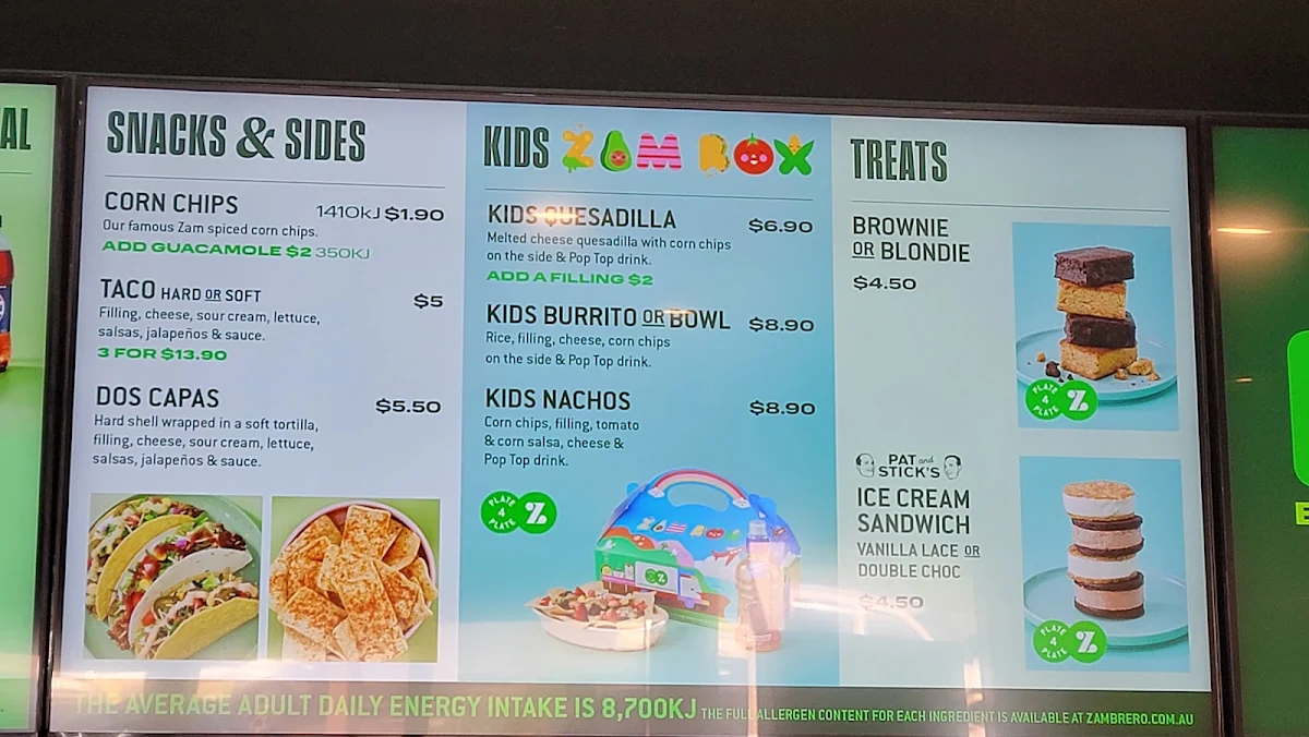 Menu, Zambrero Albany