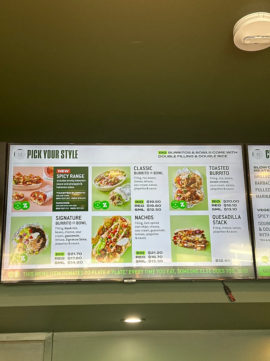 Menu, Zambrero Albany
