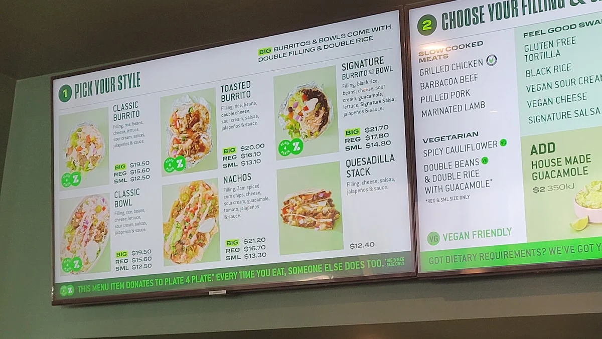 Menu, Zambrero Albany