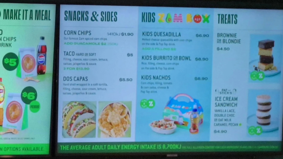 Menu, Zambrero Albany