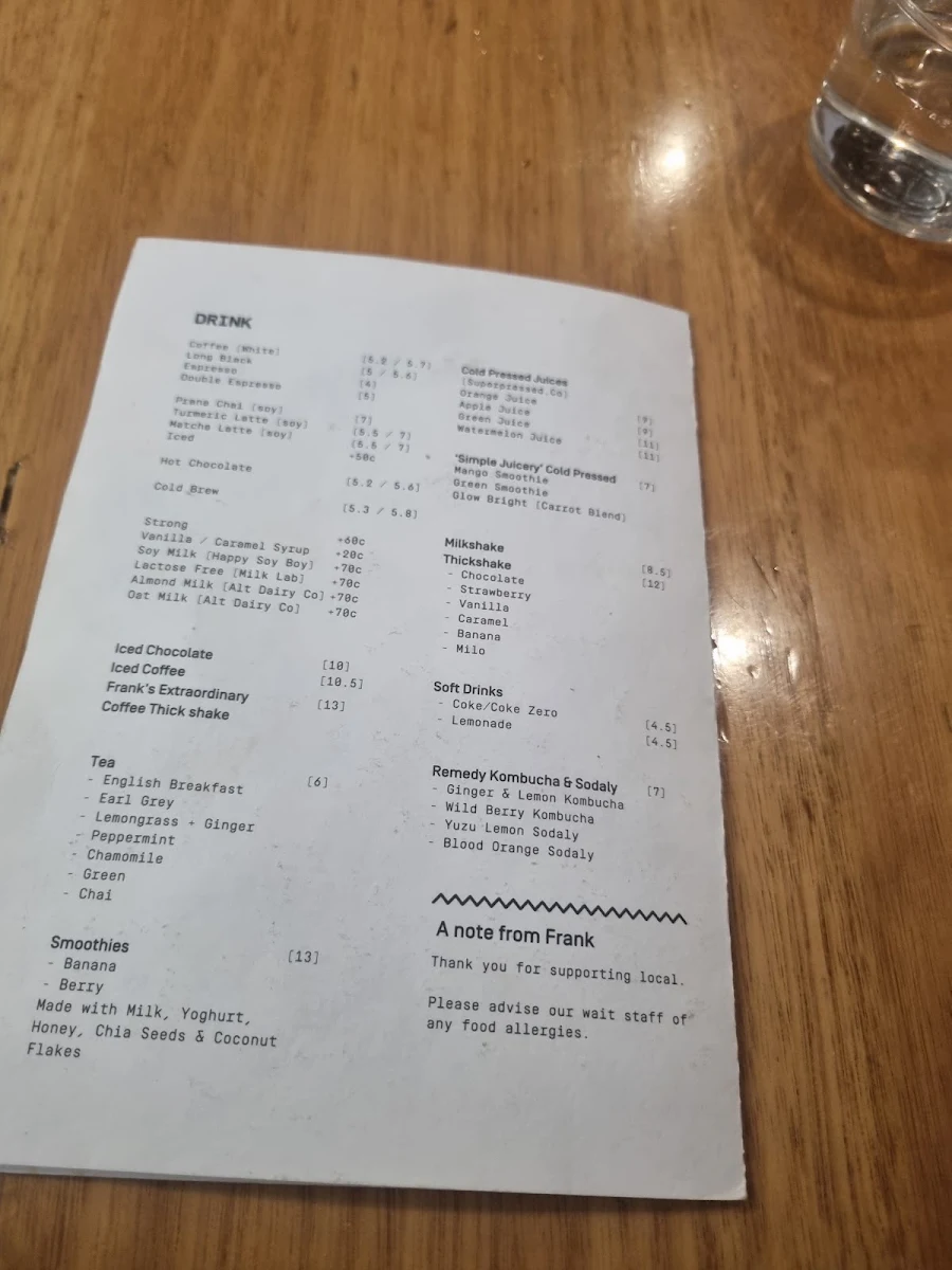 Menu, Frank's