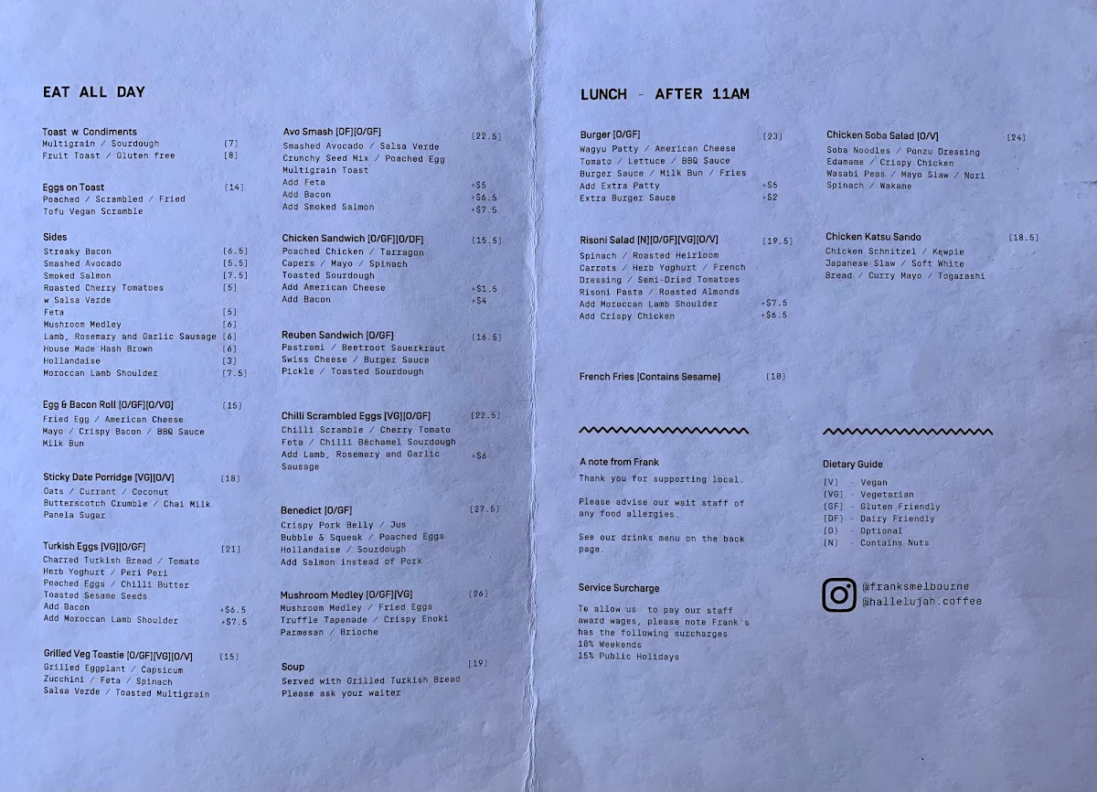 Menu, Frank's