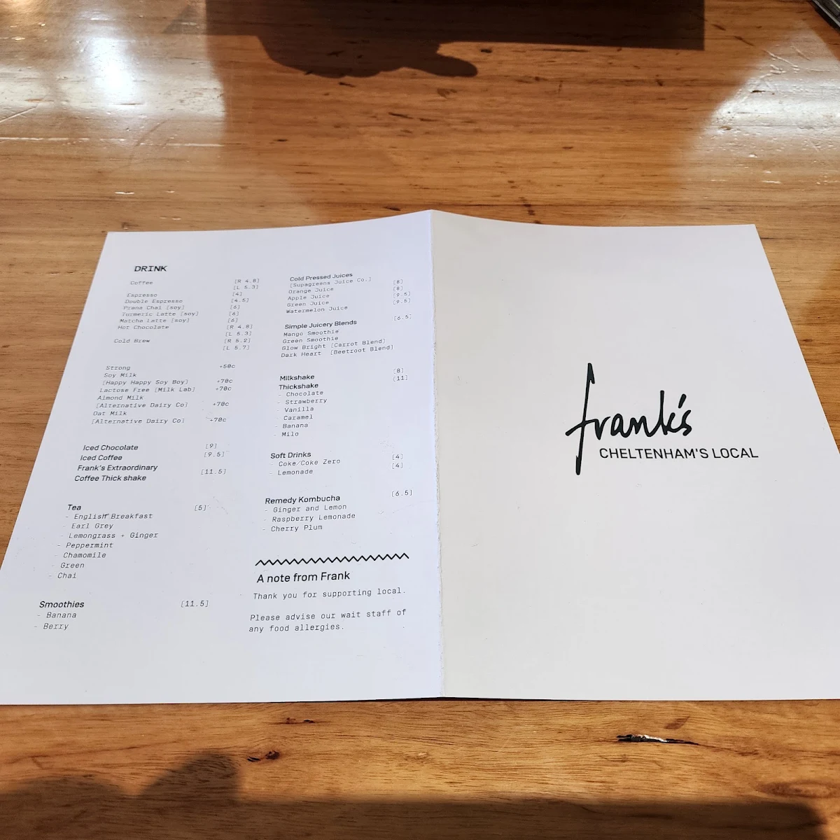 Menu, Frank's