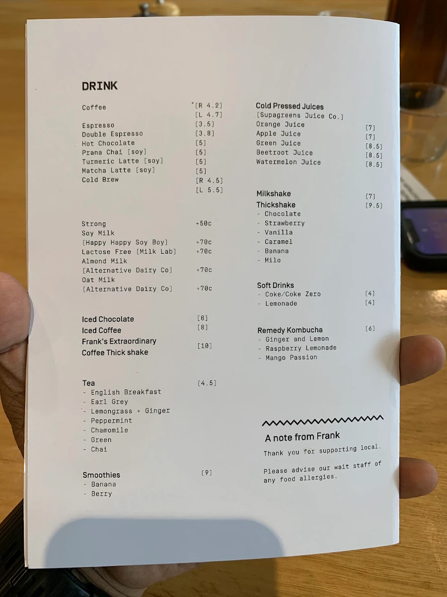 Menu, Frank's
