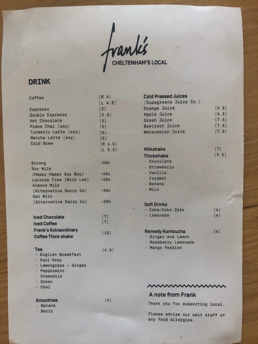 Menu, Frank's