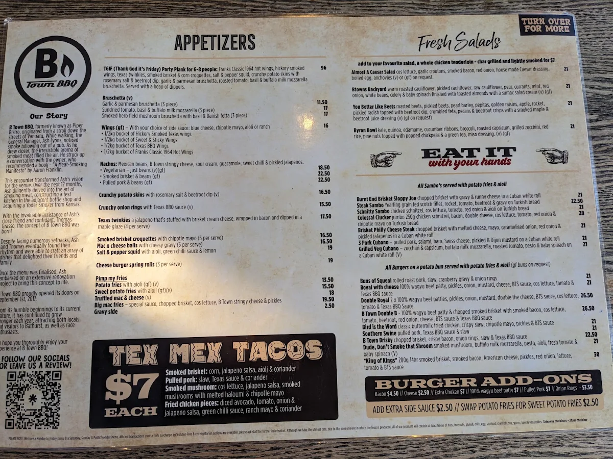 Menu, B Town BBQ