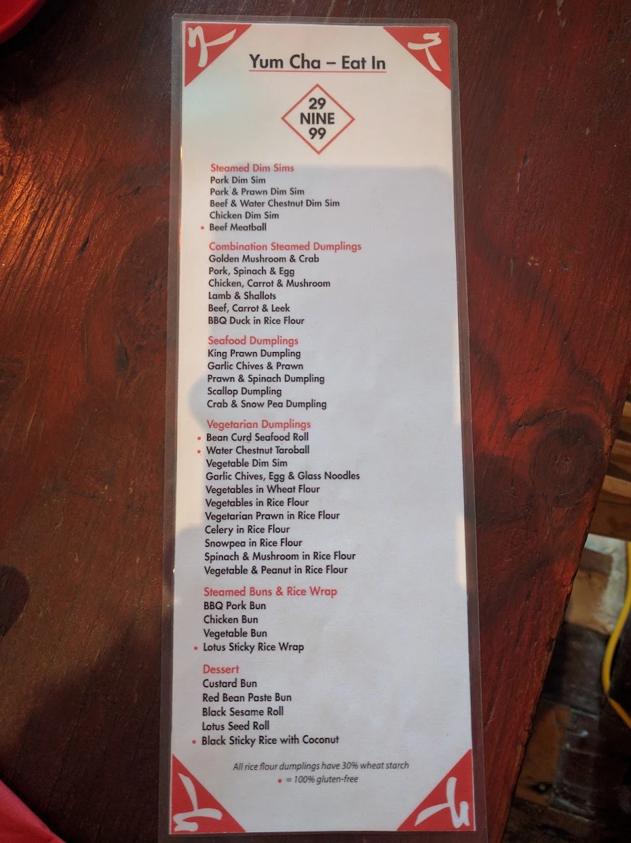 Menu, 29 Nine 99 Yum Cha & Tea House