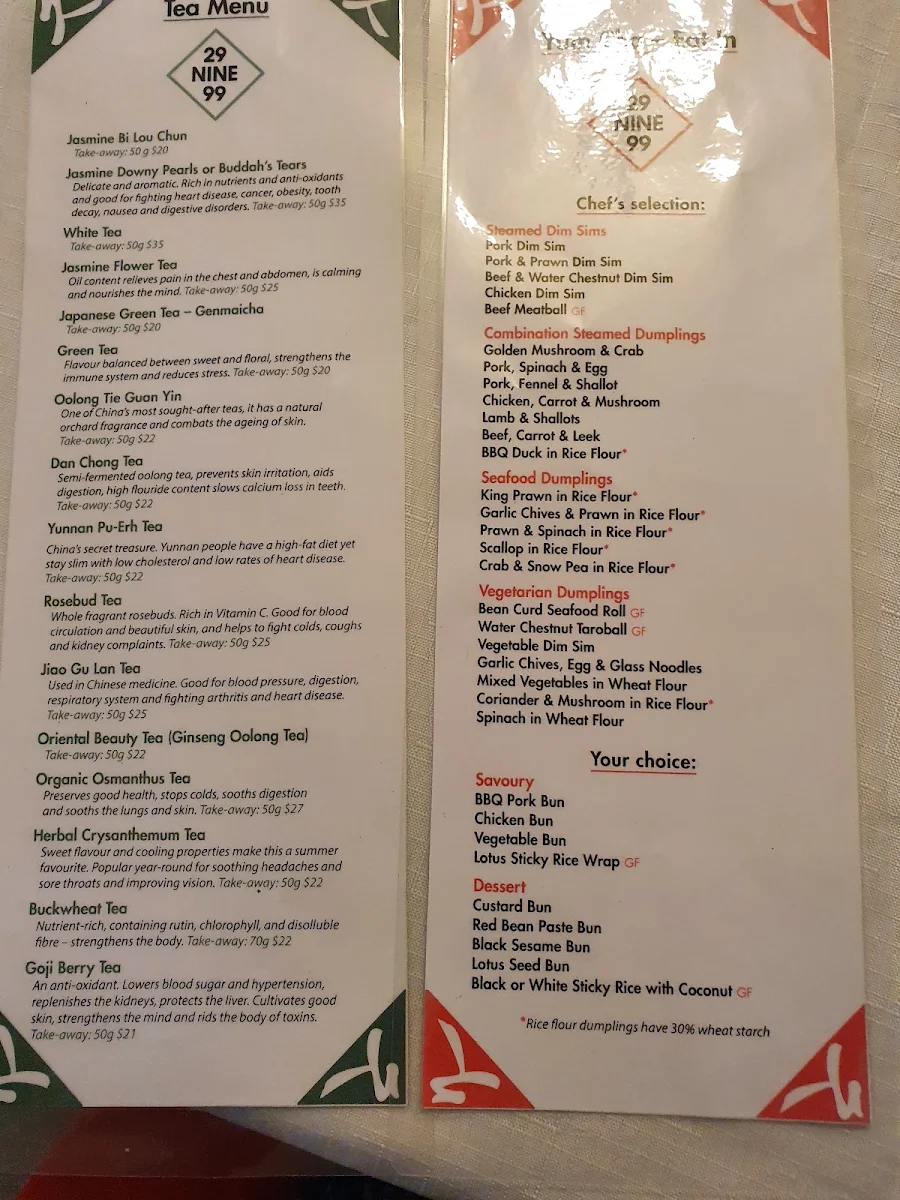 Menu, 29 Nine 99 Yum Cha & Tea House