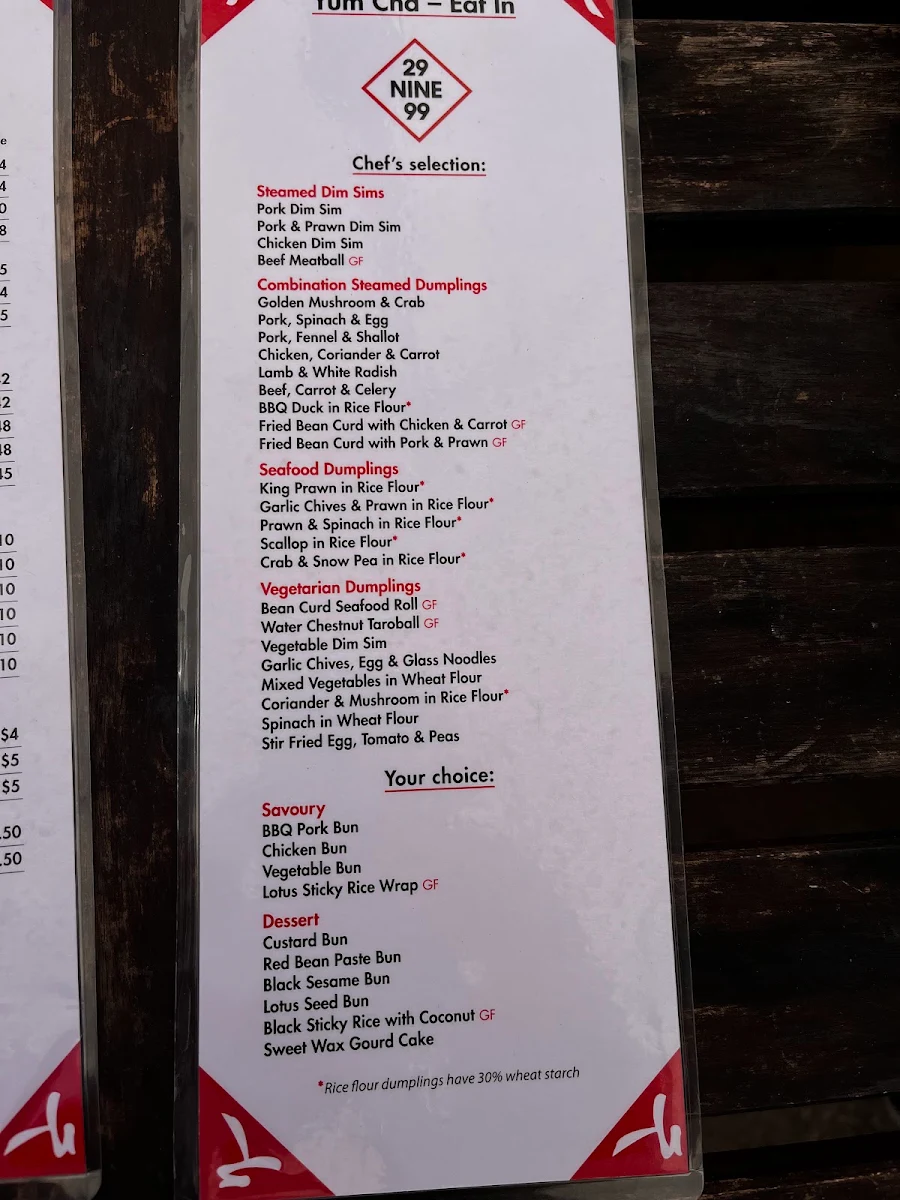 Menu, 29 Nine 99 Yum Cha & Tea House