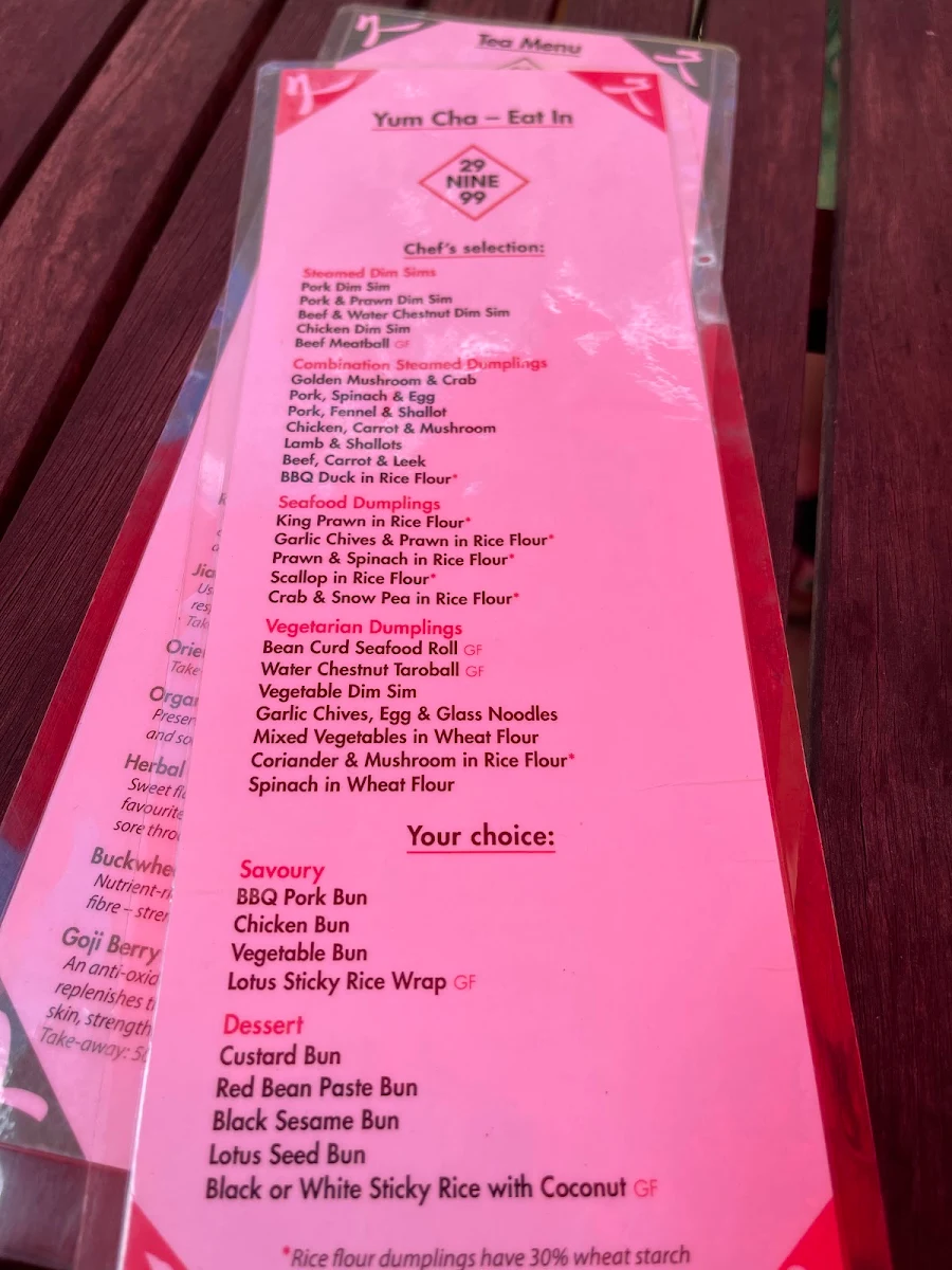 Menu, 29 Nine 99 Yum Cha & Tea House