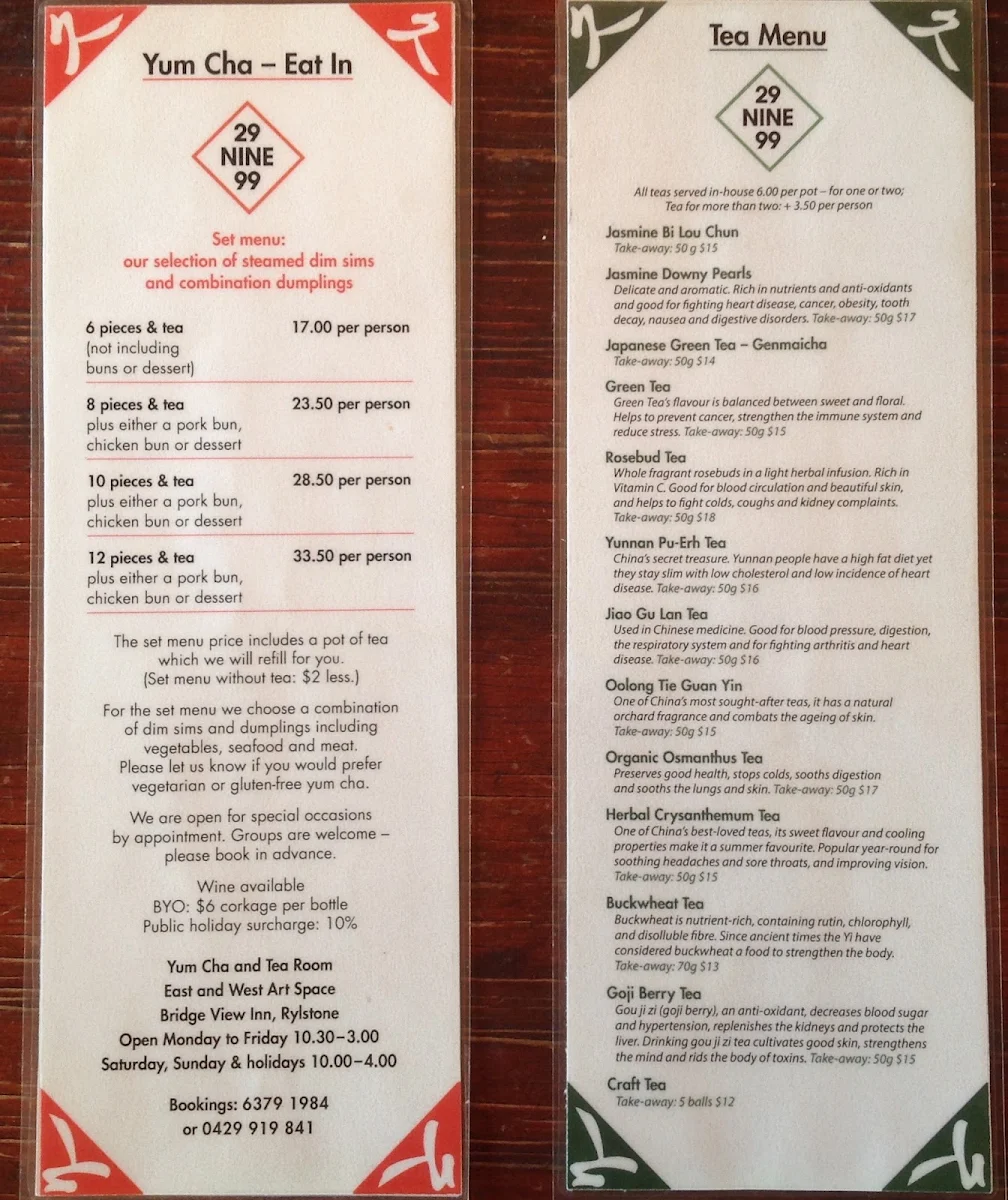 Menu, 29 Nine 99 Yum Cha & Tea House
