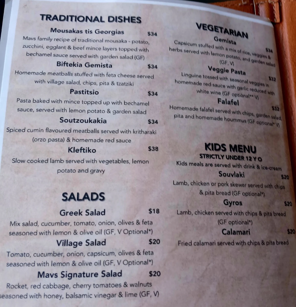 Menu, Mavs Greek Restaurant