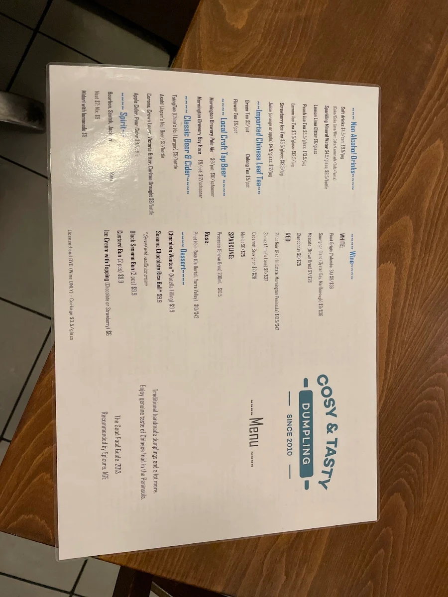 Menu, Cosy and Tasty Dumpling Restaurant