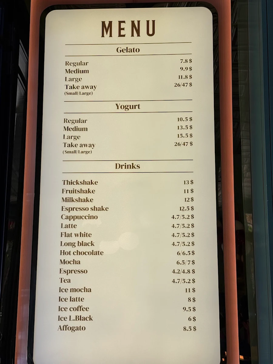 Menu, Anita Gelato Manly