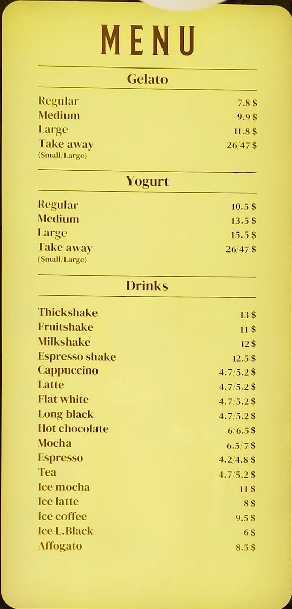 Menu, Anita Gelato Manly