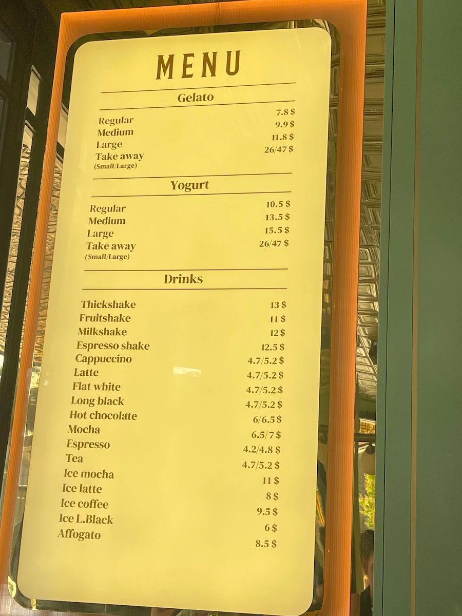 Menu, Anita Gelato Manly