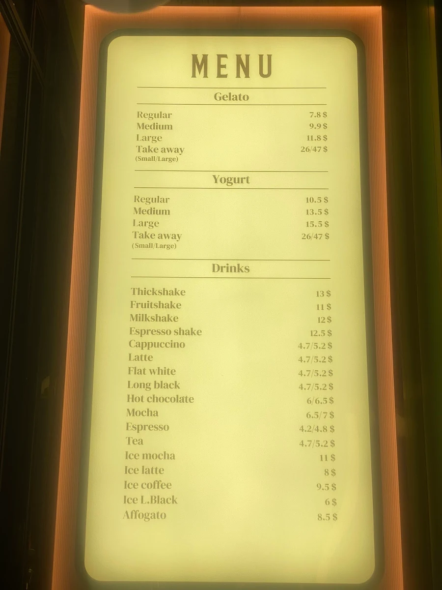 Menu, Anita Gelato Manly