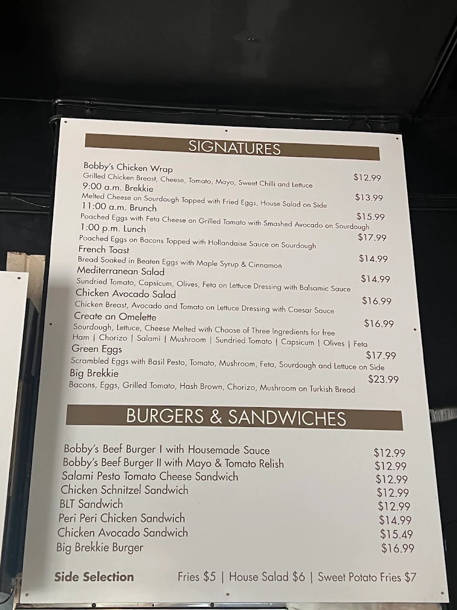 Menu, Bobby's Cafe Darlington