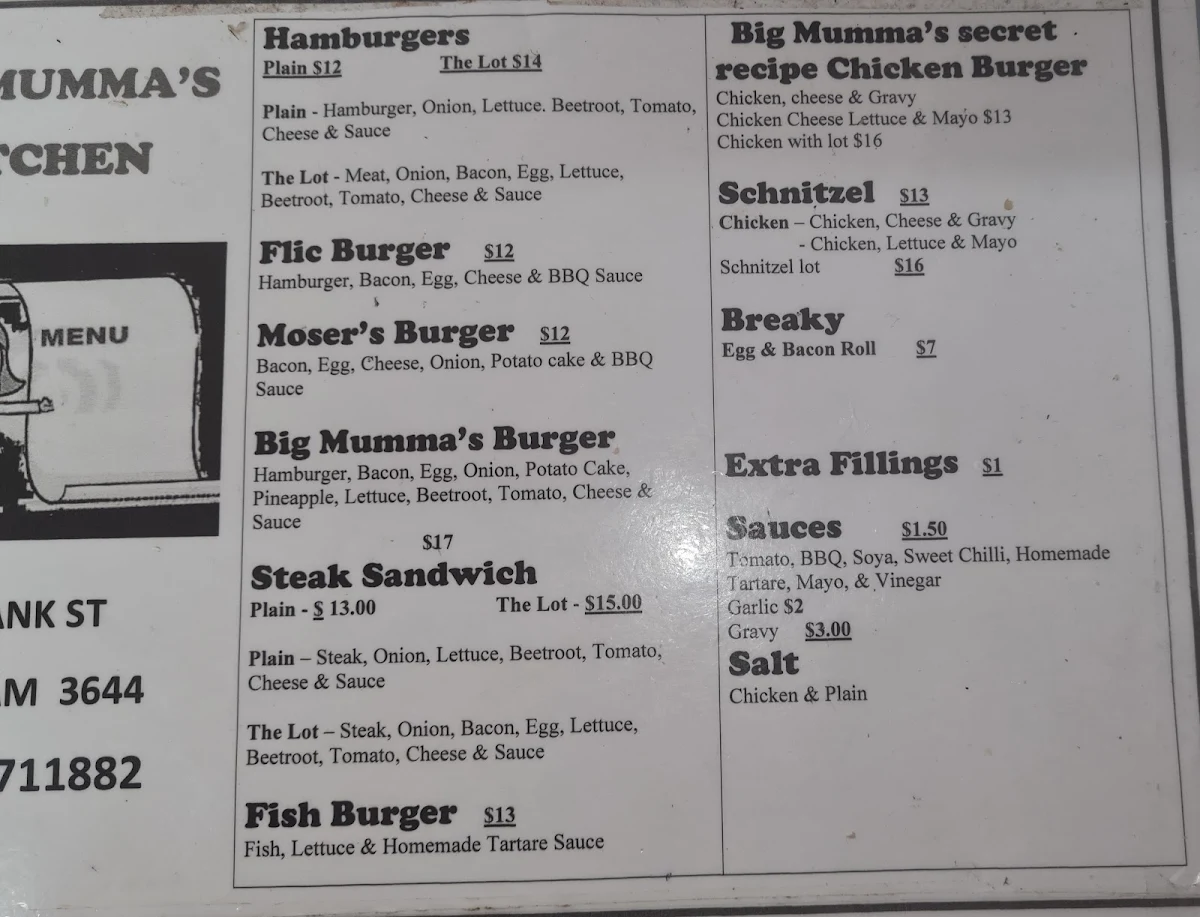 Menu, Big Mumma's Kitchen