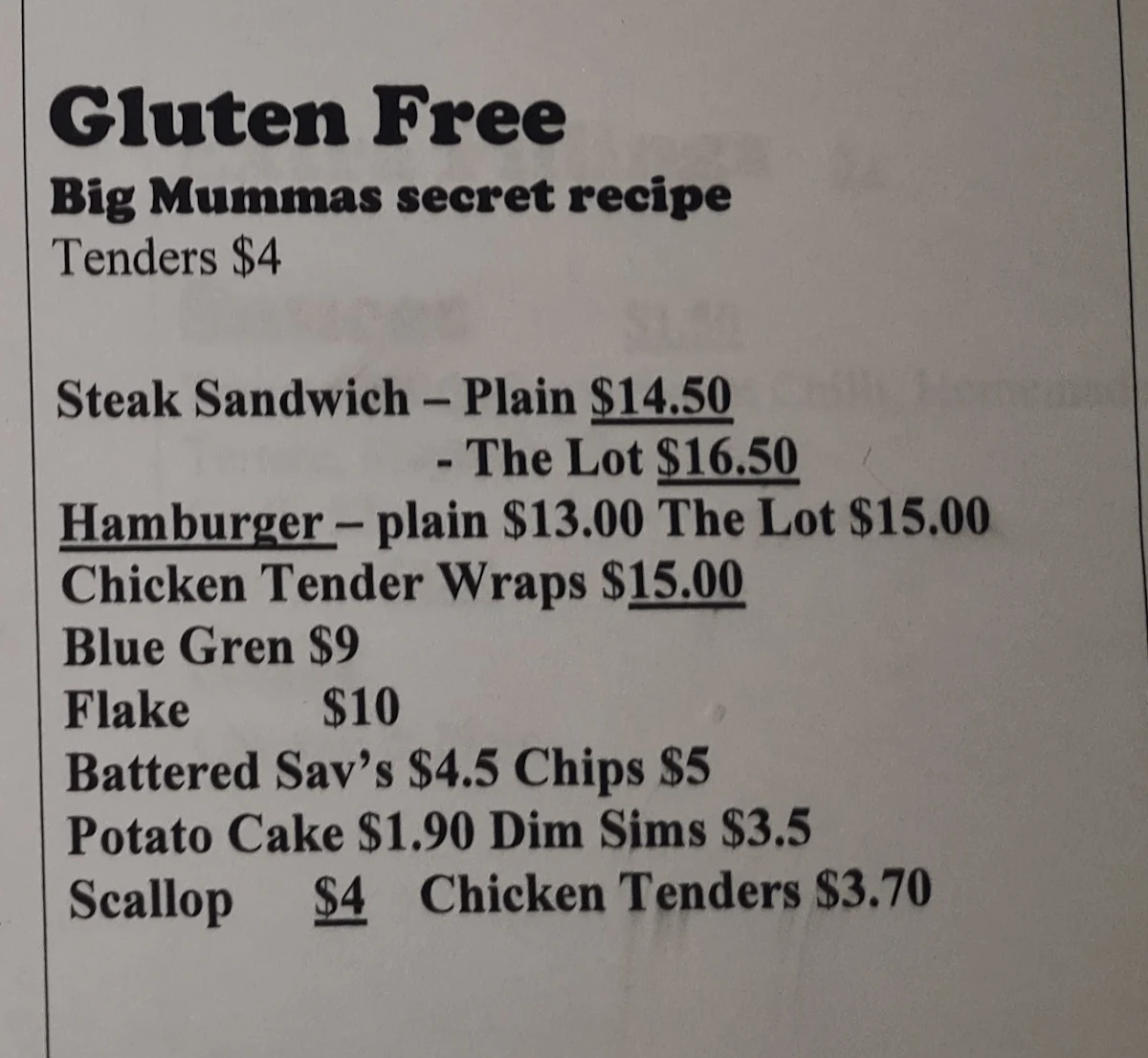 Menu, Big Mumma's Kitchen