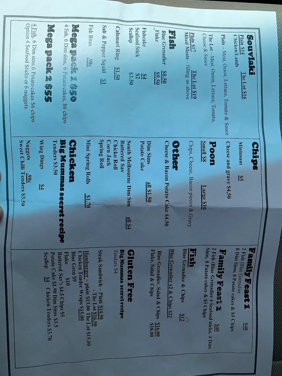 Menu, Big Mumma's Kitchen