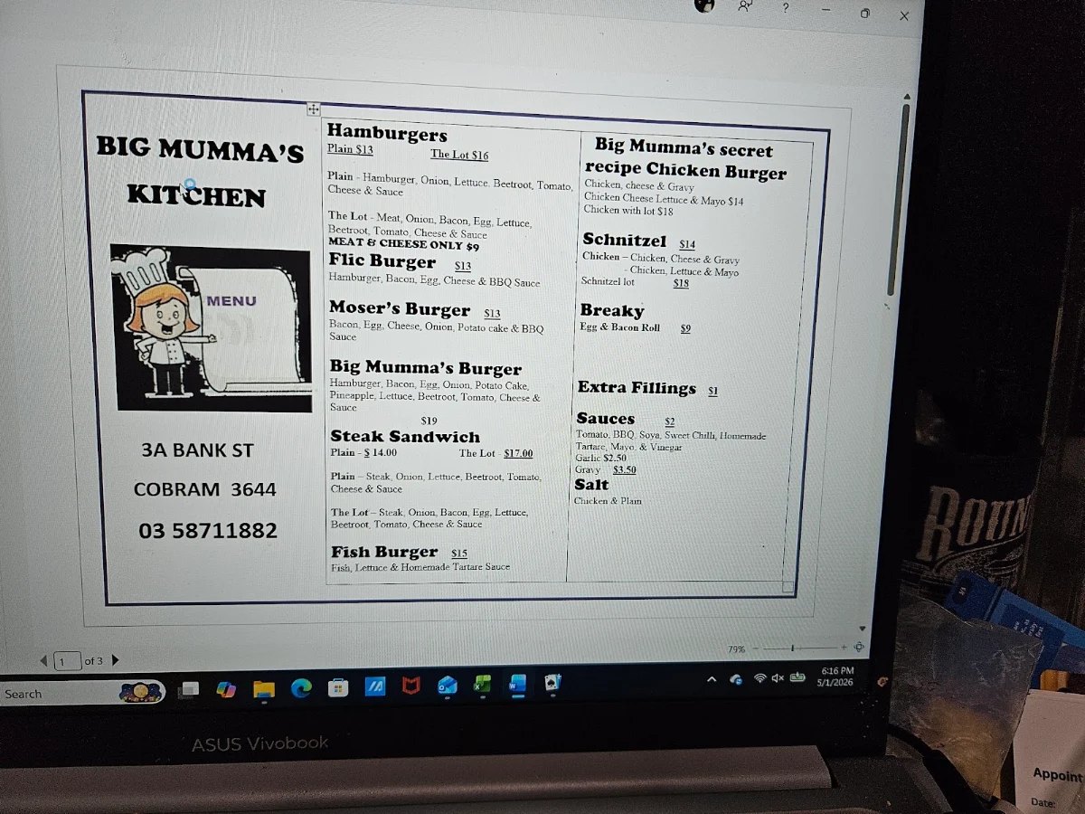 Menu, Big Mumma's Kitchen