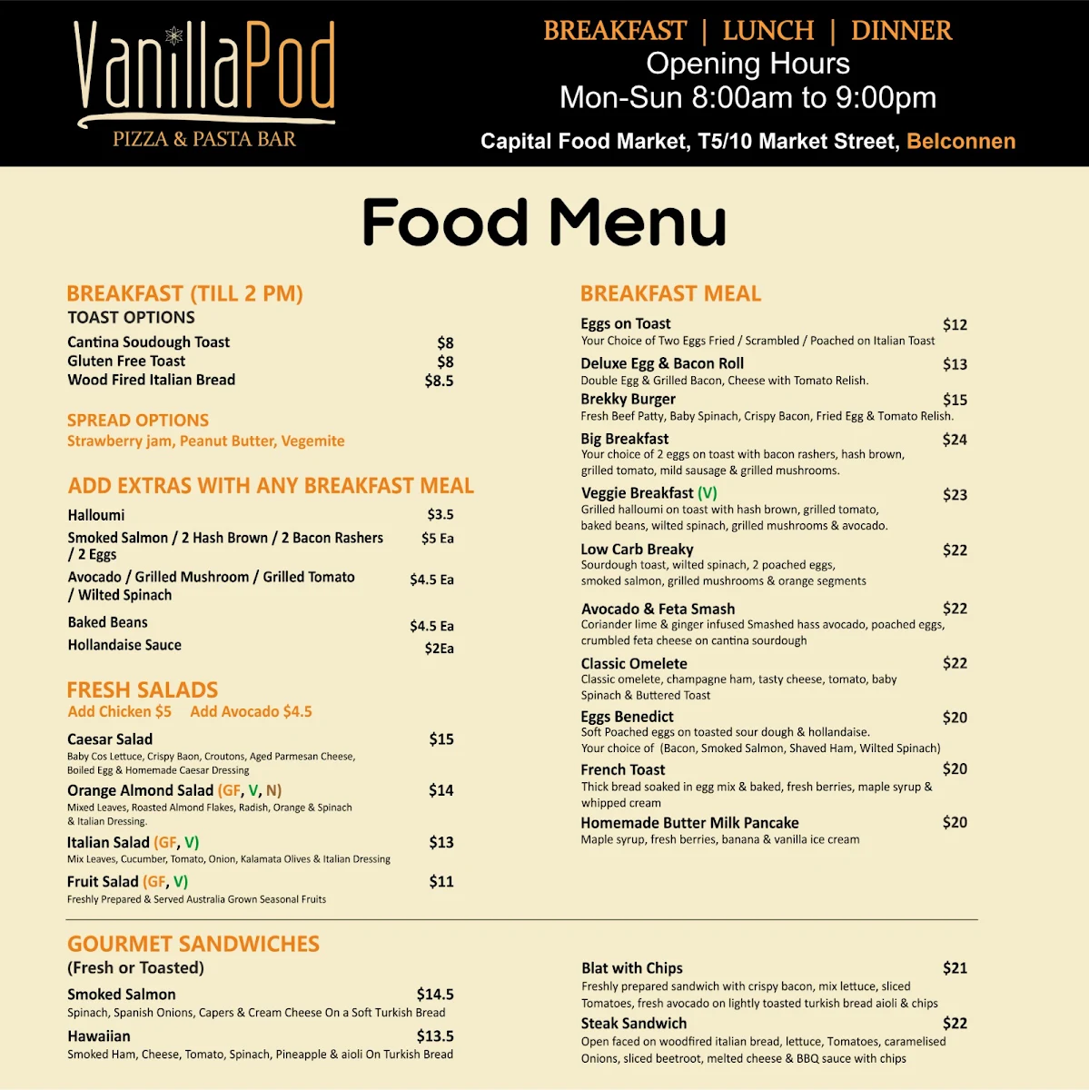 Menu, Vanilla Pod Pizza & Pasta Bar Belconnen