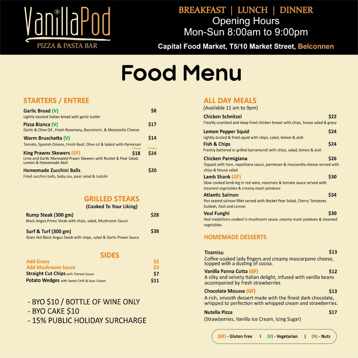 Menu, Vanilla Pod Pizza & Pasta Bar Belconnen
