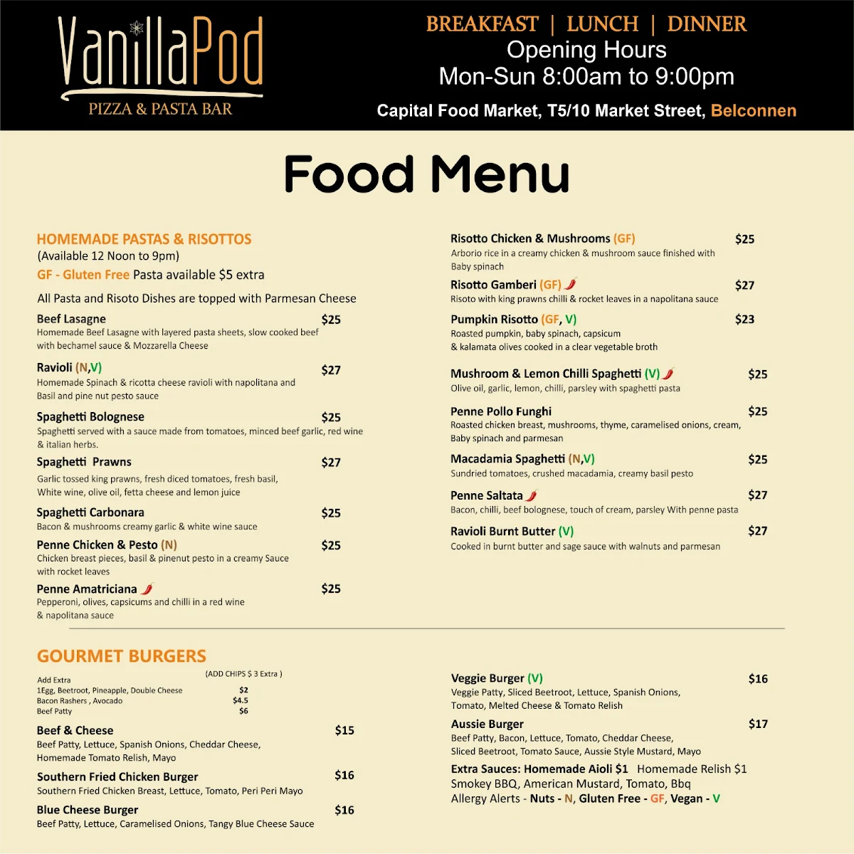 Menu, Vanilla Pod Pizza & Pasta Bar Belconnen