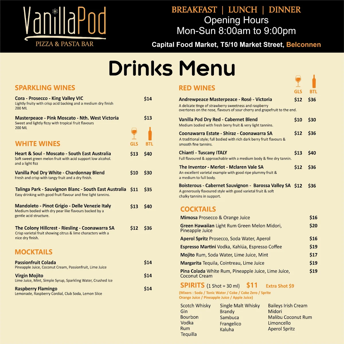Menu, Vanilla Pod Pizza & Pasta Bar Belconnen