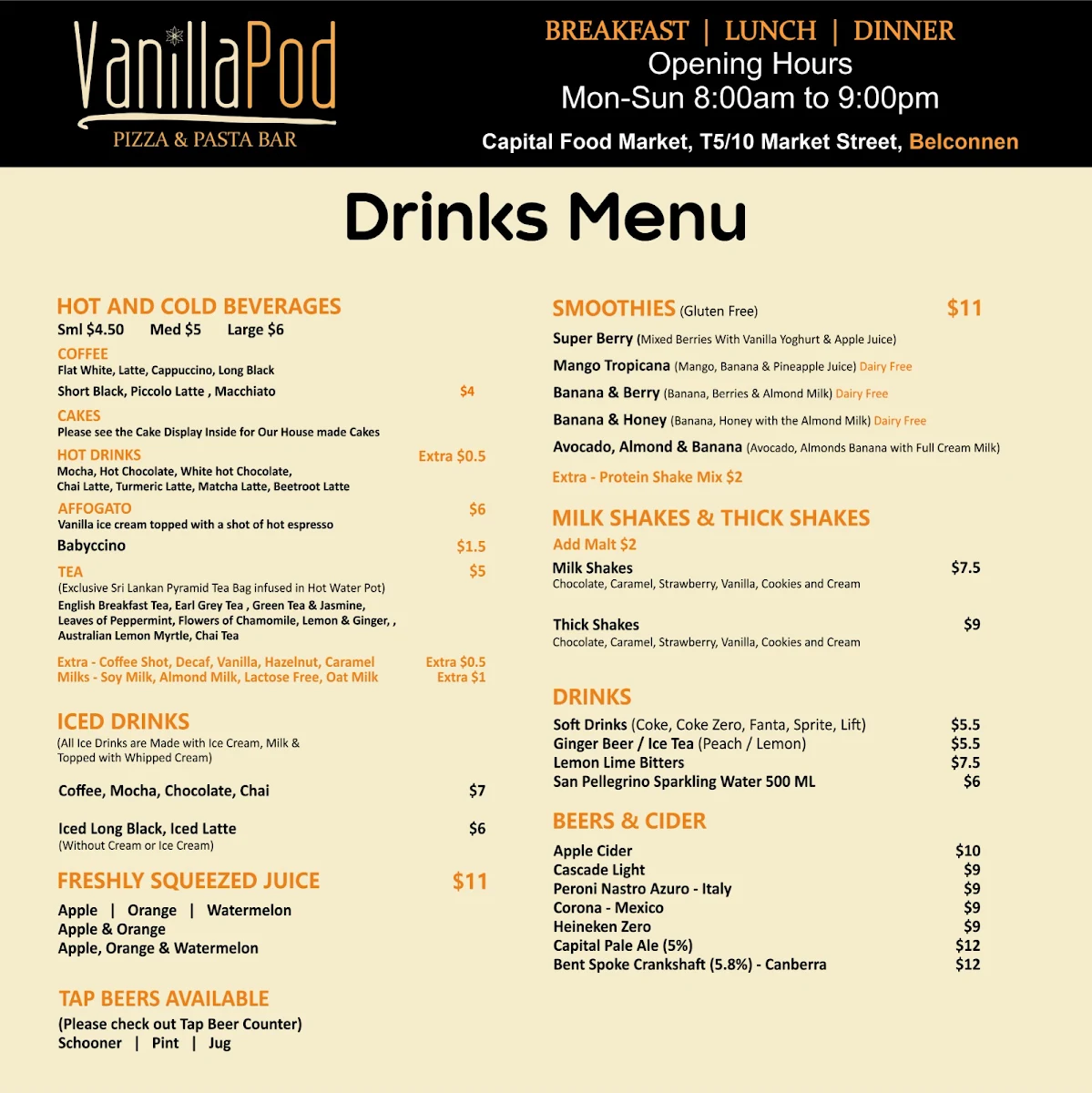 Menu, Vanilla Pod Pizza & Pasta Bar Belconnen
