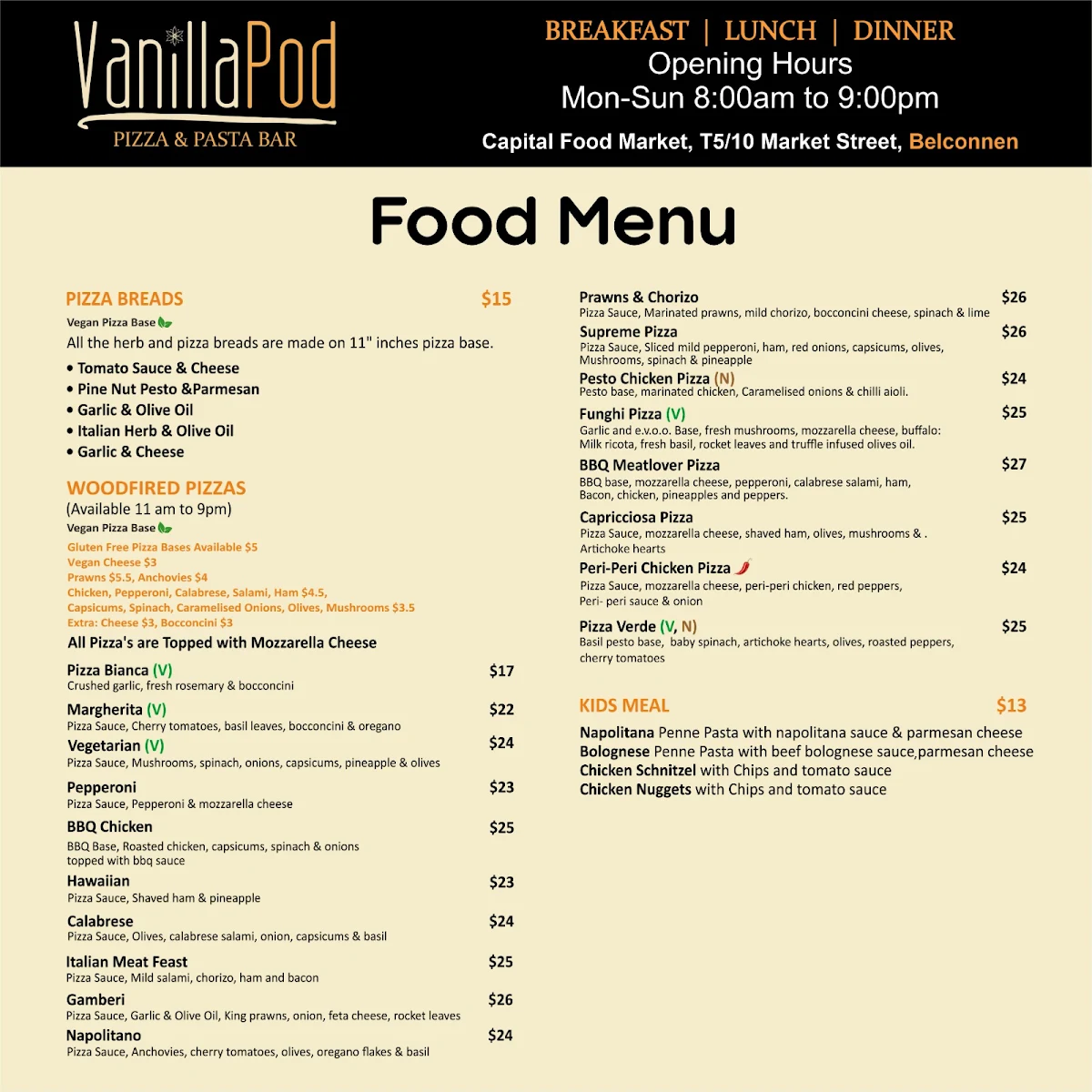 Menu, Vanilla Pod Pizza & Pasta Bar Belconnen