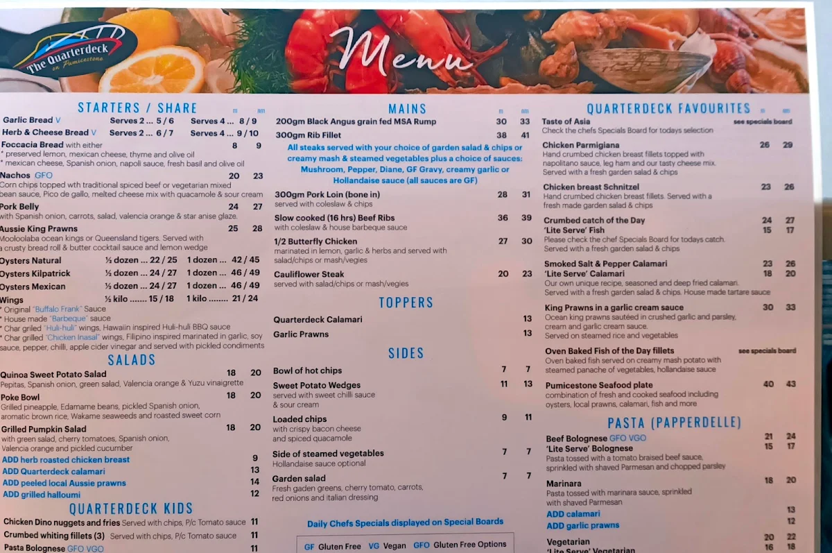Menu, Caloundra Power Boat Club