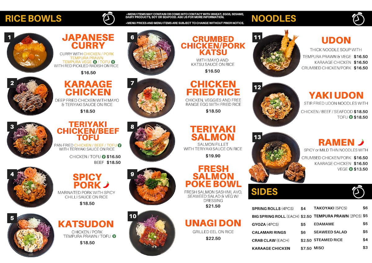 Menu, Sushi O'Clock