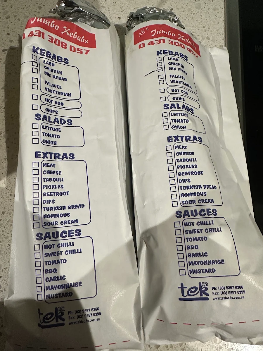 Menu, Ali's Jumbo Kebabs