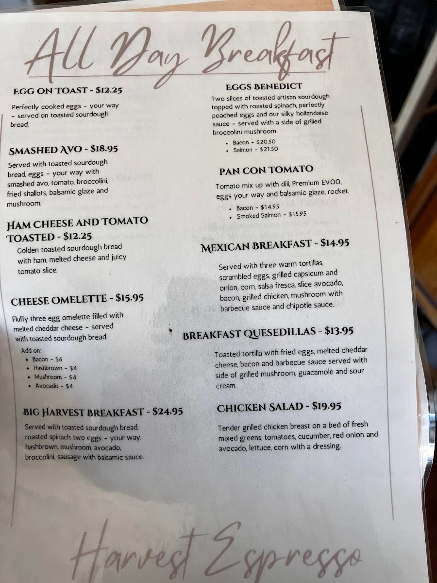 Menu, Harvest Espresso